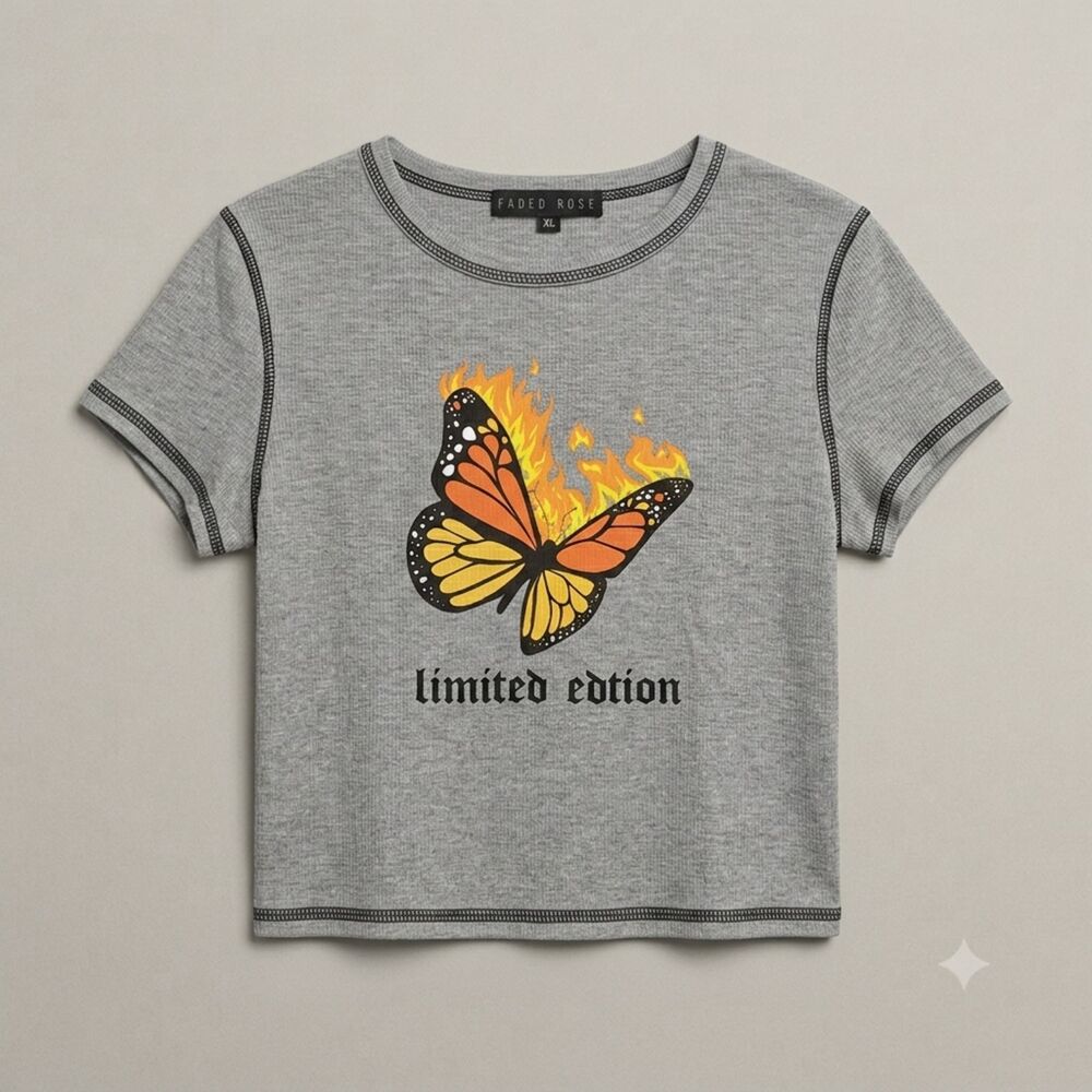 Faded Rose Flaming Butterfly Crop Top Juniors XL Grey Ribbed